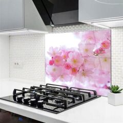 Pembe Çiçek Desenli Cam Ocak Arkası Koruyucu